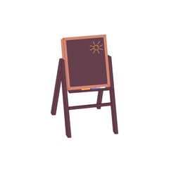 Kids blackboard. Wood art easel chalkboard standing. Dry chalk board with baby drawing for preschool child. Childrens toy. Flat vector illustration isolated on white background