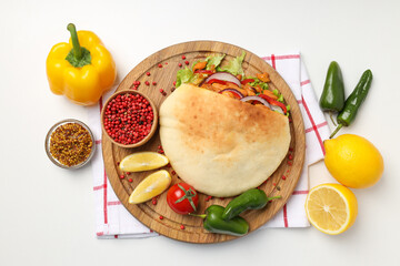 Concept of tasty food with pita with chicken meat