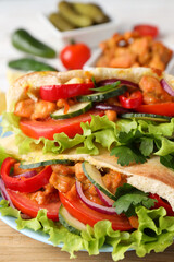 Concept of tasty food with pitas with chicken meat