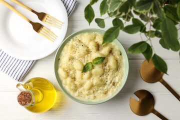Concept of tasty food with gnocchi, top view