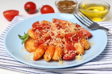 Concept of tasty food with gnocchi, close up