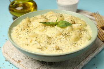 Concept of tasty food with gnocchi, close up