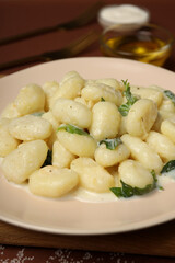 Concept of tasty food with gnocchi, close up
