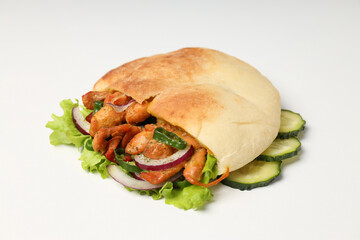 Pita with chicken meat on white background
