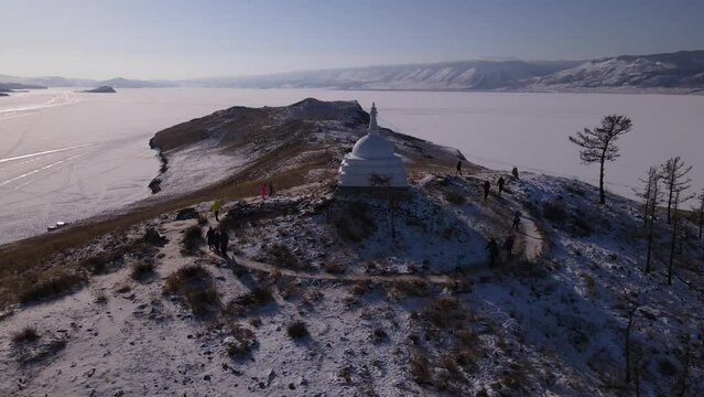 buddhist stupa on the island of ogoy on the small sea on lake baikal