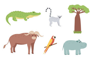 A set of cartoon animals of Africa, vector illustration of cute funny animals.