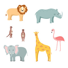 A set of cartoon animals of Africa, vector illustration of cute funny animals.