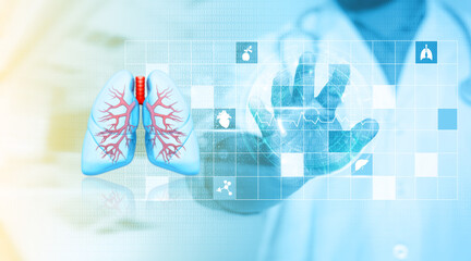 Doctor holding and diagnose virtual Human Lungs on science background