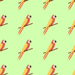 Seamless pattern cute cartoon macaw parrot is sitting on a branch. Background, wallpaper for printing on clothing packaging. © Elenglush