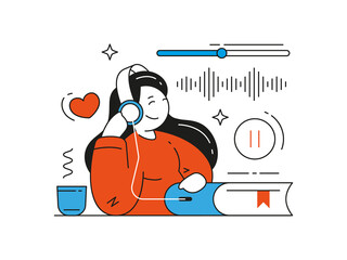 Woman listening audio book internet radio podcast application vector flat illustration. Female user textbook literature voice reading lesson helpful app online service. Education and self development