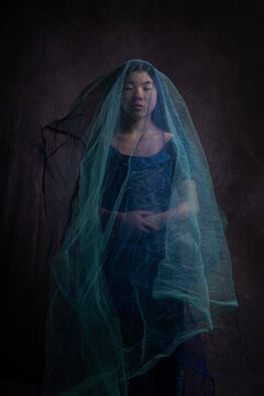 Fine Art Studio Portrait Of Asian Woman In Blue Dress Covered By Thin Veil