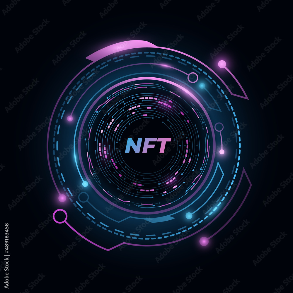 Poster nft nonfungible tokens background. blue and purple hud elements with glowing computer circuit board.