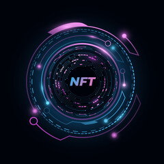 NFT nonfungible tokens background. Blue and purple HUD elements with glowing computer circuit board. Futuristic digital concept. Abstract technology design - obrazy, fototapety, plakaty