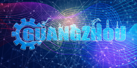 Gear with sea shipping relative silhouettes.. Calligraphy inscription. Guangzhou city name text