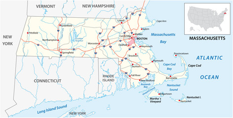 Naklejka premium road map of the US American State of Massachusetts