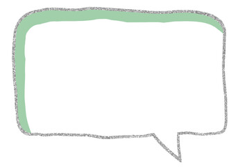 Hand-painted square speech bubbles in glittery silver, green