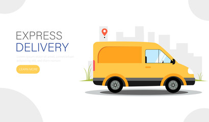 Web banner for delivery. Van with the goods goes to the address. Delivery service concept. Vector illustration.