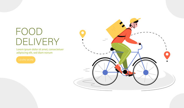 Web banner for food delivery. Fast and free delivery by bicycle courier. Delivery service concept. Vector illustration.