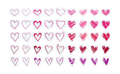 Valentine's hearts set in pink tones. Variety of cute hand drawn hearts with different styles, textures and effects