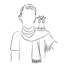 An angel prays on shoulder of young man. Guy made wish and angel heard him. Blessing, help or forgiveness from higher powers. Search for spiritual path, self-development. Sketch, linear drawing