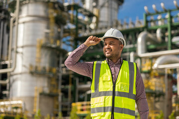 Asian engineer man with white safety helmet standing front of oil refinery. Industry zone gas petrochemical. Factory oil storage tank and pipeline. Workers work in the refinery construction building