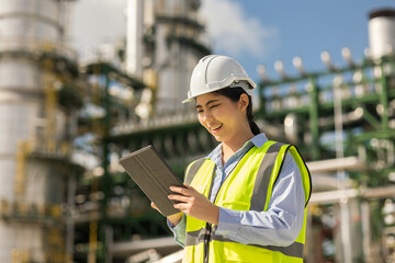 Asian engineer manager woman with white safety helmet standing front of oil refinery. Industry zone gas petrochemical. Factory oil storage tank and pipeline. Workers in the refinery construction.