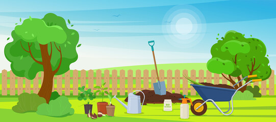 Garden plot with dug up earth, seedlings in peat pots, a wheelbarrow and other garden tools. Vector illustration