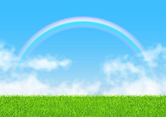 芝生と青空にかかる虹のベクター素材
