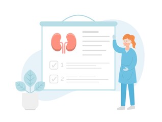 Female paramedic or doctor or laboratory staff or medical specialist giving a medical report on kidneys on stage, medical lecture or conference or seminar