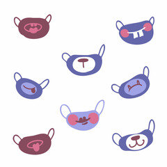 Icon set with funny masks for coronavirus lifestyle design. Health care concept. Isolated vector illustration for decor and design.