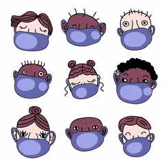 Fotobehang Coronavirus icon collection of peoples in masks. Health care concept. Isolated vector graphic illustration for decor and design. © Anna