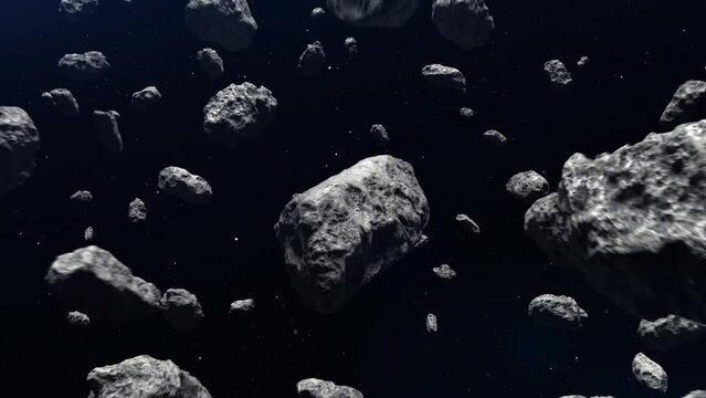 large number of asteroids flying in outer space spectacular video. apocalypse danger concept or study of space bodies