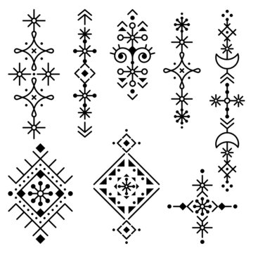 Icelandic rune art style geometric tribal line art vector long design set, black and white ornaments inspired by Viking patterns
