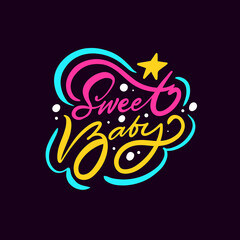 Playful colorful lettering illustration with the phrase sweet baby and star detail. Perfect for nursery prints, baby products, stickers, and cute themed designs.
