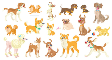 Obraz premium Big set of funny dogs of different breeds, poses and emotions. In cartoon style. Isolated on white background. Vector flat illustration.