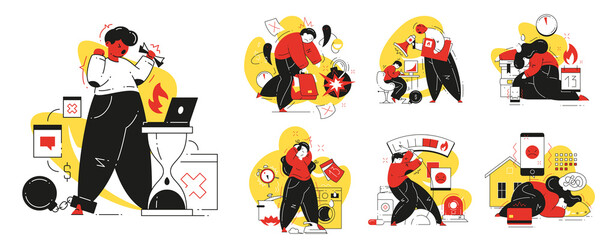 Fototapeta premium Angry people tired at work set vector flat illustration. Business problem overwhelmed, overworked, workaholic, multitasking, deadline missing isolated. Professional burnout nervous employee collection