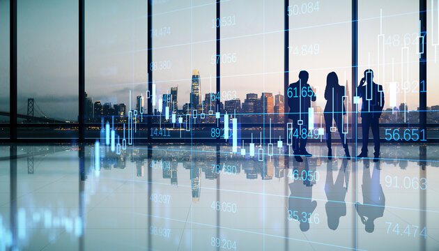 Young businesspeople working together in modern office interior with panoramic city view, glowing forex big data index chart and toning. Teamwork, technology, trade, finance and meeting concept. - Powered by Adobe