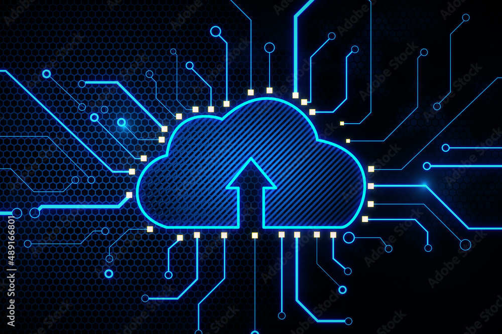 Poster Abstract cloud technology background with blue digital cloud symbol with arrow up and lots of glowing circuit lines around. 3D rendering