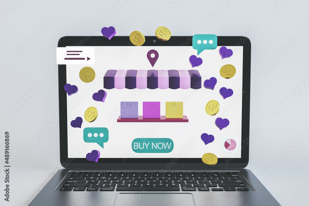 Poster close up of laptop with online shopping icons. ecommerce and buy concept. 3d rendering.