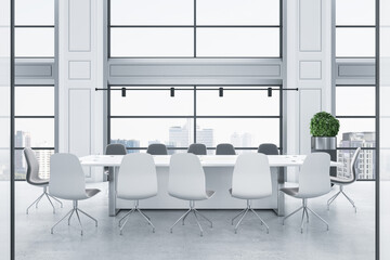 All-white interior design in modern spacious meeting room with light stylish chairs, conference table and city view from big windows. 3D rendering
