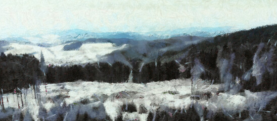 Wide panoramic view of the winter landscape, strokes of paint on canvas, art work on the theme of nature