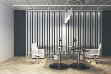 Contemporary office interior with wooden flooring, desk, chair, and bookcase. Design and workplace concept. 3D Rendering.