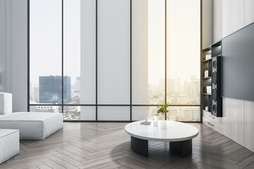 Modern living room interior with tv and stereo set, furniture and panoramic city view with daylight. 3D Rendering.