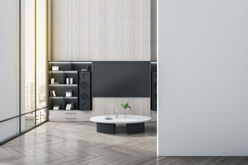 Modern living room interior with empty mock up place on wall, tv and stereo set, furniture and panoramic city view with daylight. 3D Rendering.