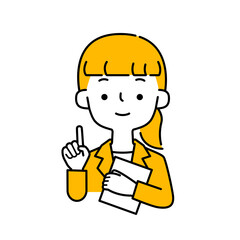 資料を持ちながら笑顔で話すスーツの女性のシンプルなイラスト