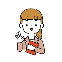 資料を持ちながら笑顔でOKポーズをするスーツの女性のシンプルなイラスト