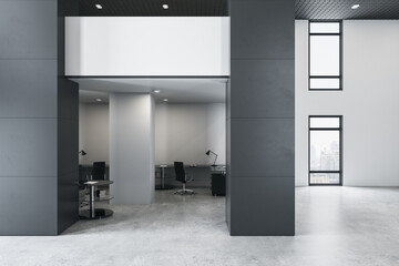 Contemporary empty office interior with windows and city view. 3D Rendering.