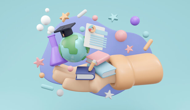 3D Rendering of hand holding earth and learning elements with graduation hat on concept of online global worldwide education on purple background. 3D Render illustration cartoon style.