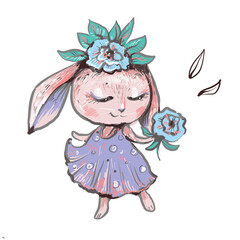 Cute pink Bunny Girl wreath of flowers. Can be used for tshirt print, kids wear fashion design, baby shower invitation card.
