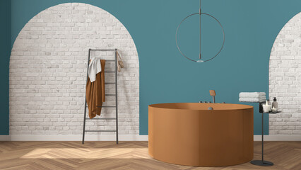 Bathroom interior design showcase, classic set, arched brick walls, parquet floor. Orange and blue tones. Freestanding round bathtub, modern pendant lamp, minimalist accessories